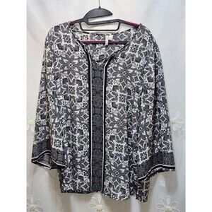 Cato Womens Large Black White Blouse Paisley Floral Geometric 3/4 Sleeve Tunic